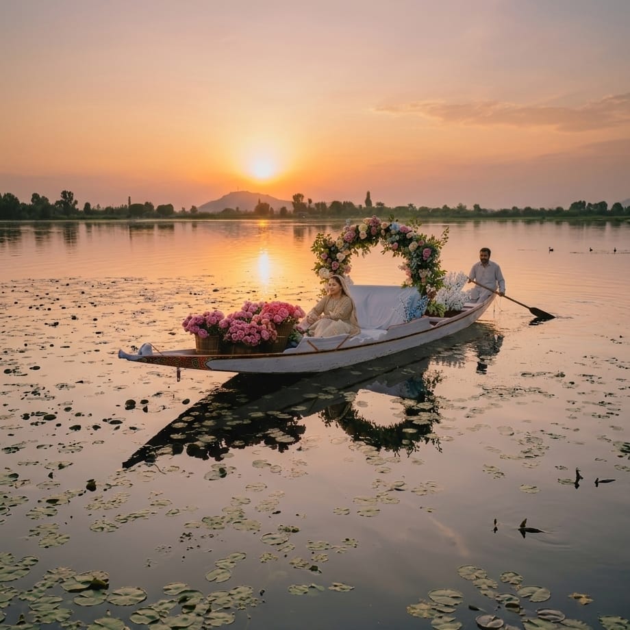 Bride in floral shikara at sunset