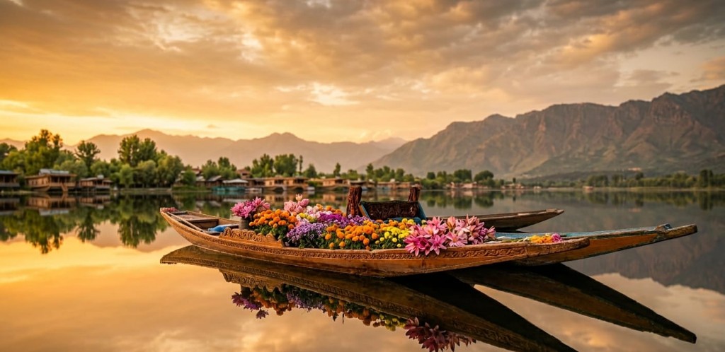 Floral shikara on calm waters